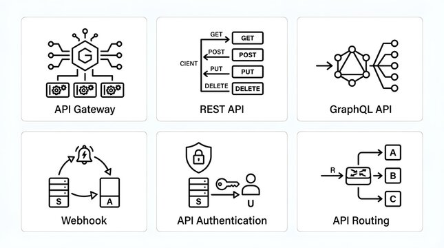 Technical API Architecture and Workflow Diagram Icon Set