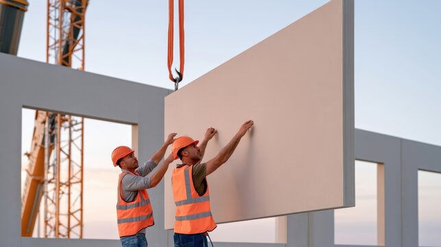 Construction workers guiding precast concrete panel into place with crane