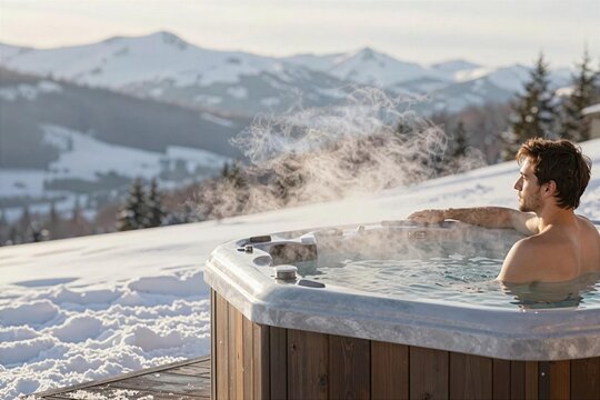 Enjoying a hot tub while surrounded by snow-covered mountains on a winter day