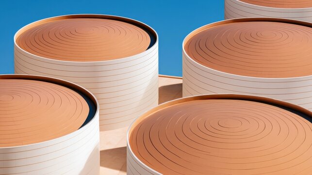 Top down abstract aerial view of circular tank farm structures with pipeline details