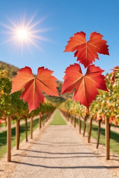 Autumn vineyard rows with backlit red grape leaves under bright sun