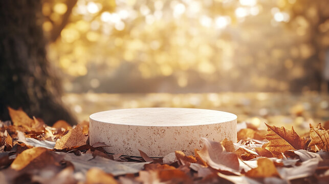 Minimalist product display podium surrounded by autumn leaves with warm golden light