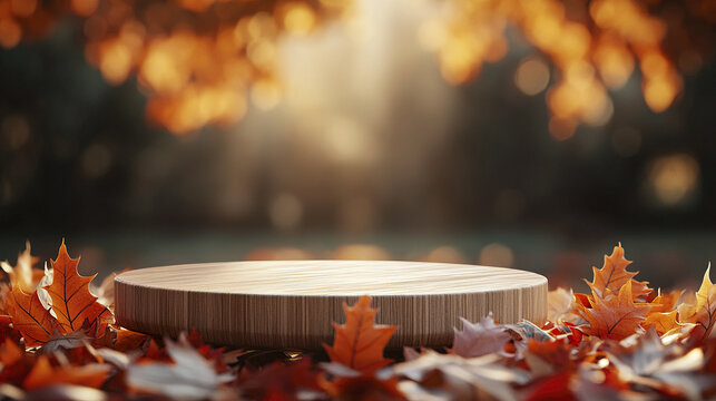 Minimalist wooden product stage surrounded by autumn leaves with warm sunlight glow
