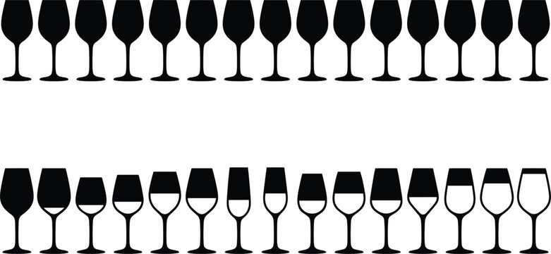 Wine glass volume level vector set showing full half empty goblets in black silhouette style