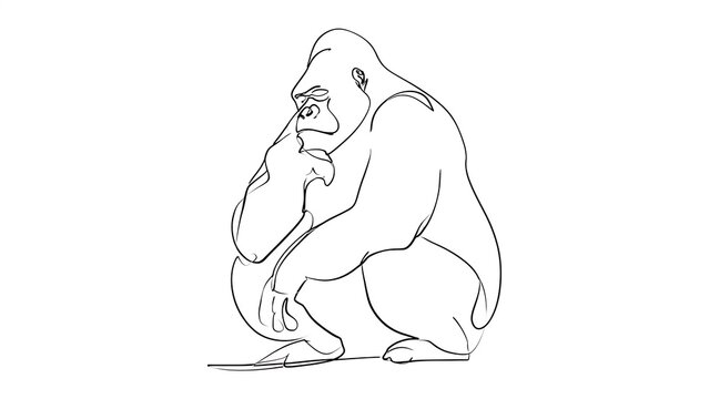 Thinking gorilla illustration on white background.