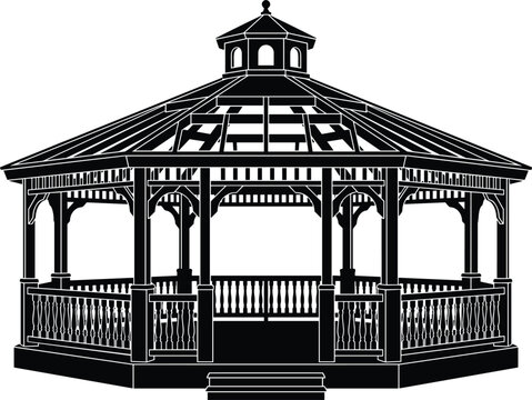 Wooden garden gazebo pavilion structure detailed black silhouette icon isolated on a clean white background