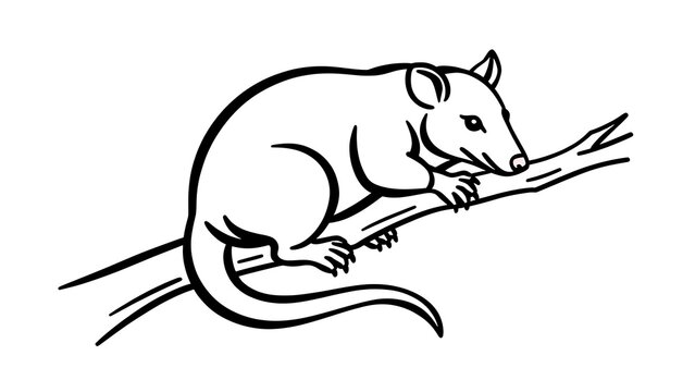 Illustration of a possum on a branch white background.