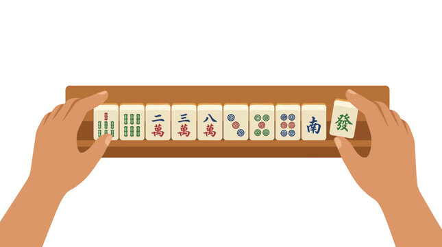 Mahjong vector showing hands arranging tiles on a wooden rack
