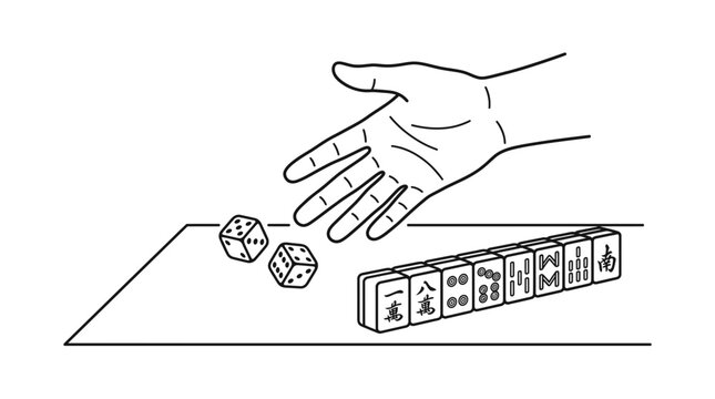 Hand throwing dice beside mahjong vector tiles on a table