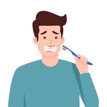 Man with bleeding gums during teeth brushing. Hard toothbrush problem. Periodontal disease, avitaminosis, gingivitis.