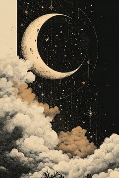 Crescent moon and twinkling stars in dark night sky with fluffy clouds, vintage celestial illustration