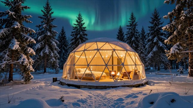 Dome structure in snowy forest under northern lights at night