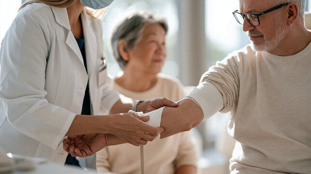 Elderly patient extends arm toward a phlebotomist in a brightly lit hospital draw station, the nurse applies a tourniquet with practiced hands, clinical blood draw procedure,