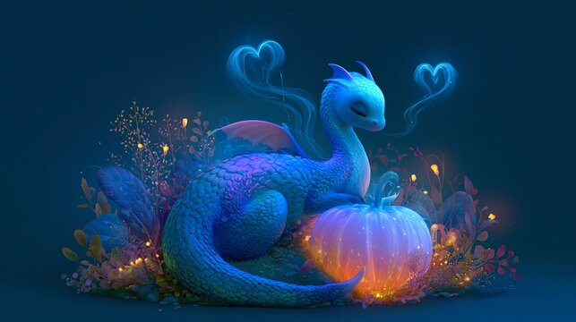 Tiny baby dragon with iridescent scales curled around small glowing pumpkin, smoke rings shaped like hearts set in mystical forest landscape