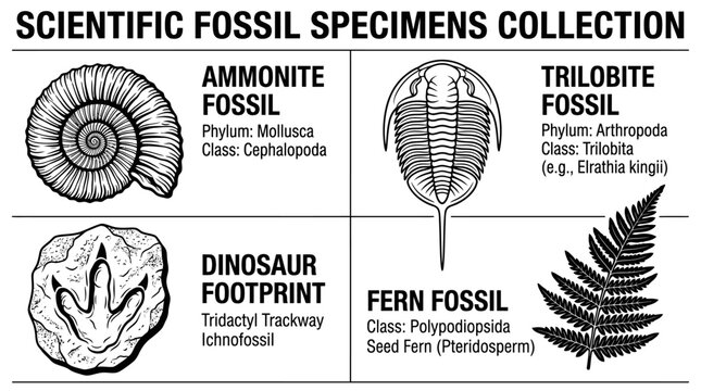 Educational chart showing a collection of various scientific fossil specimens including ammonite trilobite dinosaur footprint and fern.