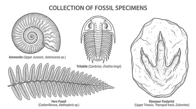 Educational illustration showing a collection of various prehistoric fossil specimens including ammonite trilobite fern and dinosaur footprint.