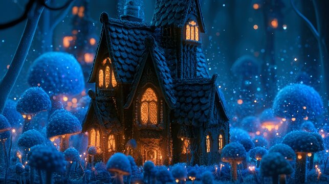 Eerie yet cozy gingerbread gothic mansion made of dark chocolate glowing candy windows set in mystical forest landscape during twilight hour with