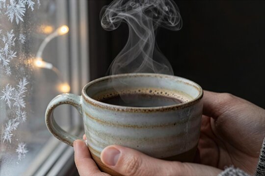 Warm drink is held near a window with frost during winter season