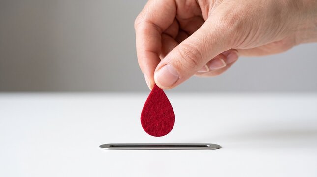 Red blood drop symbol held by hand over donation slot, blood donor concept for healthcare and charity, medical awareness for surgery and anemia