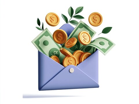 Open violet blue envelope overflowing with gold coins and green dollar bills with leaf accents