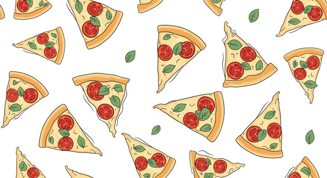 Mouth-watering seamless pattern of delicious pizza slices topped with red tomatoes and fresh green basil leaves on a white background.
