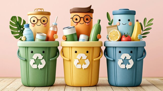 Cute 3D cartoon recycling bins with smiling faces holding recyclable items
