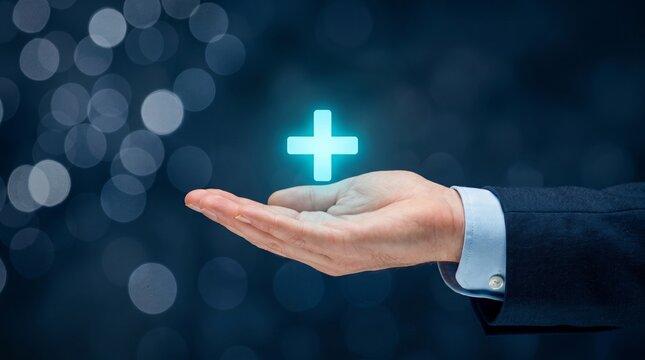 Glowing plus sign icon hovering over businessman hand, healthcare and medical insurance concept, positive growth and value added service