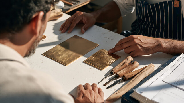 Engraver at modest home workshop comparing a plain brass plate with a freshly detailed finished piece, driftwood handled tools laid beside both items, before and after craft