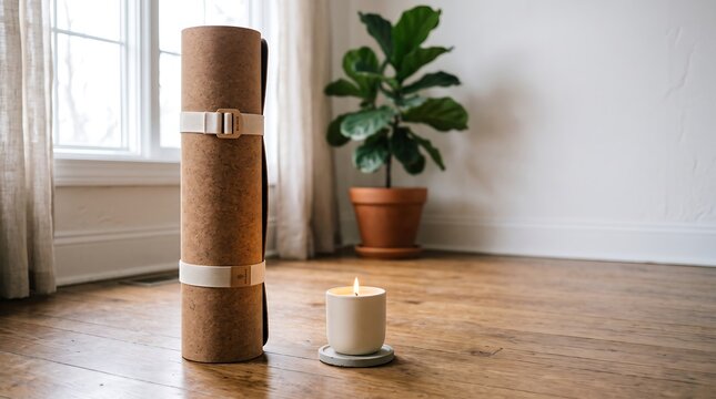 Rolled yoga mat with candle. Eco friendly fitness equipment for home wellness practice.
