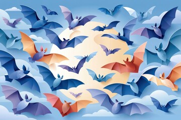 Obraz premium Paper cut bats flying outward from center against moon and clouds