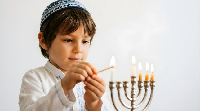 Young Jewish boy lighting menorah candles during Hanukkah celebration  