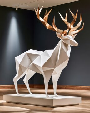 Life sized white paper deer sculpture with gold foil antlers on pedestal in gallery