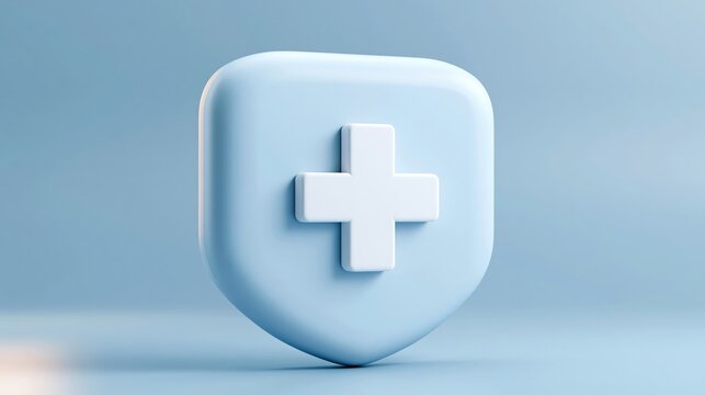 White medical cross on soft blue shield 3D render