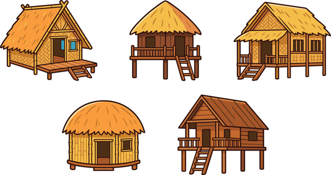 Traditional Tropical Wooden Stilt Bungalow Vector Icon Set with Thatch Roof Tribal Village Huts and Eco Resort Bamboo Cabins