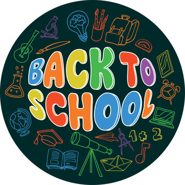 Back to school circular doodle frame with various stationary supplies.. vector illustration