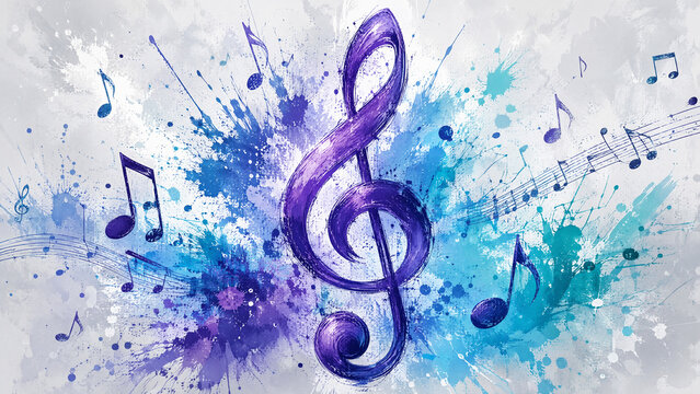 Colorful watercolor splash art with large purple treble clef