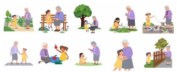 Fototapeta premium Grandmother and Granddaughter Spending Quality Time Together Outdoor Activities Illustration Set