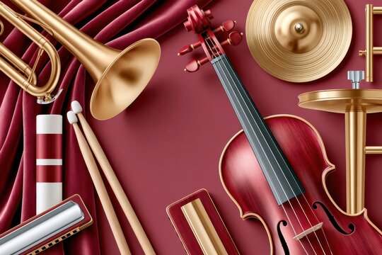 Overhead flat lay of musical instruments on deep burgundy velvet with trumpet violin cymbal and drumsticks
