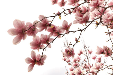 Delicate pink magnolia blossoms on branches isolated against bright white sky © watcherfox