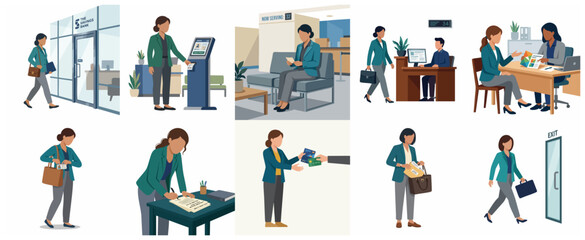 Fototapeta premium Businesswoman Banking Experience Set, Flat Vector Illustration of Financial Services, ATM Transactions, and Customer Support