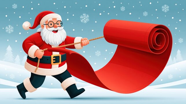Playful flat illustration of Santa Claus pulling giant red scroll in snowy winter scene