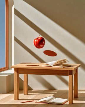 Red apple levitating above wooden school desk with open books and pencils in sunlit room