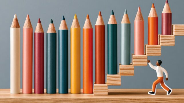 Colorful pencil bar chart with miniature figure climbing wooden steps