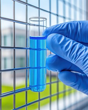 Hand in blue latex glove holding test tube with blue liquid against grid background
