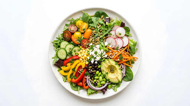 Fresh vibrant salad with colorful vegetables nuts seeds and dressing on plate transparent background