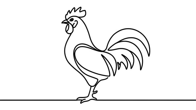 Minimalist rooster line art drawing white background.
