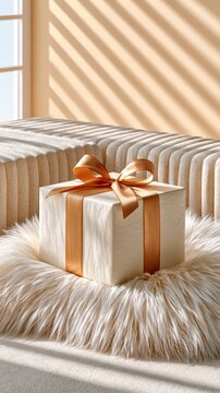Small gift box wrapped in ivory paper with thin gold ribbon on fluffy white fur