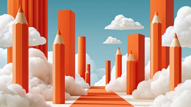 Surreal 3D render of giant orange pencils rising from clouds under blue sky