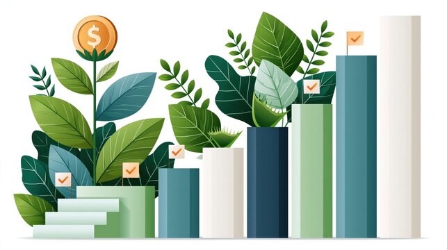 Sustainable finance flat illustration with stylized bar chart and growing plant with dollar coin