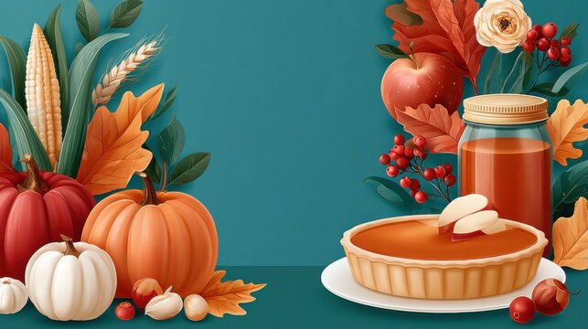 Thanksgiving banner illustration with autumn harvest elements and teal background